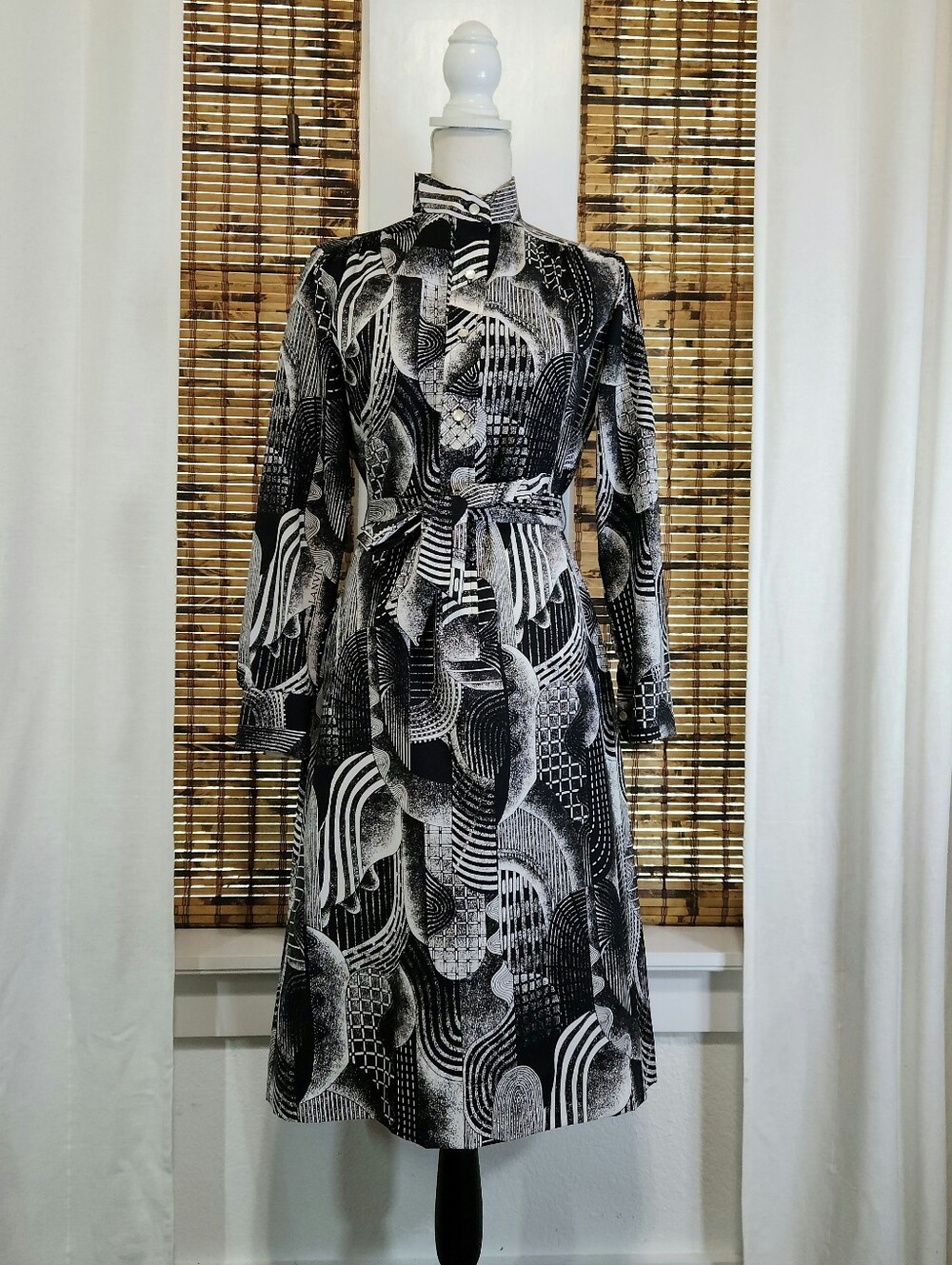 Authentic 1970s Lanvin Paris New York Optical Art Midi Shirt Dress